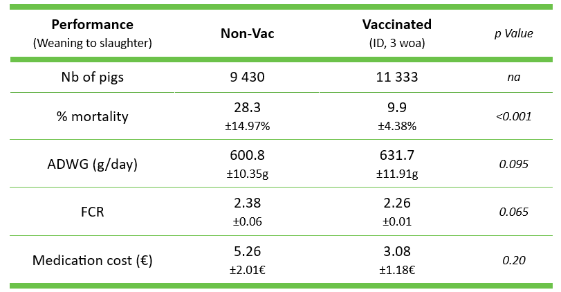 table: before and after the vaccination with UNISTRAIN® PRRS in a Rosalia-positive farm